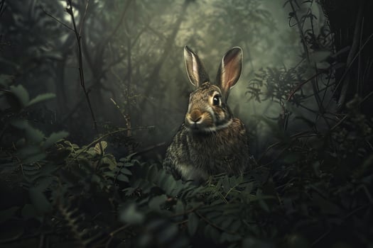 Wild rabbit hiding in dark forest photo