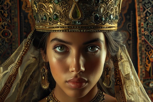 Young queen wearing golden crown and jewelry posing in palace photo