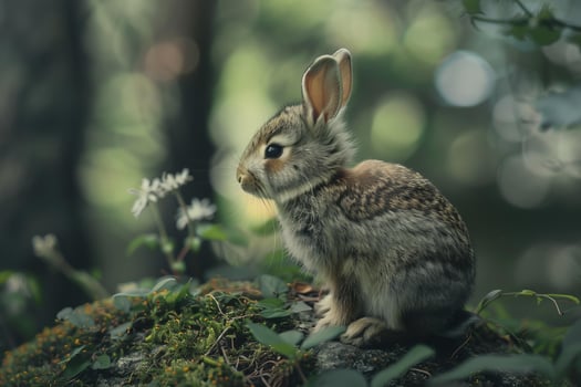 Wild baby rabbit exploring lush forest habitat photo