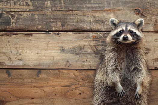Raccoon standing on wooden planks looking forward photo