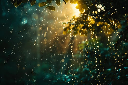 Heavy rain falling from tree branches in the sunlight photo