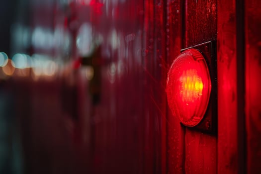 Red alarm light flashing on wet wall at night photo