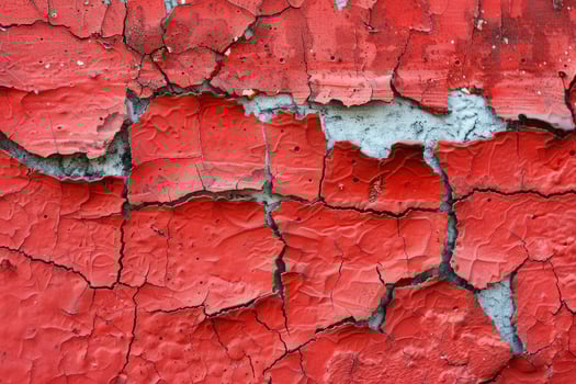 Red painting cracking and peeling from wall, showing underlying surface photo
