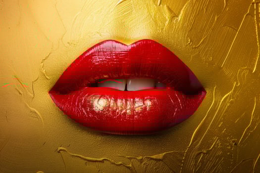 Red lips showing teeth on gold painted skin photo