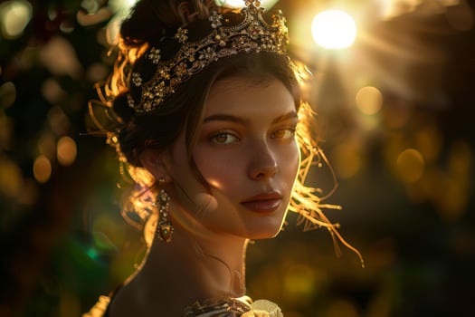 Princess wearing golden crown posing in magical forest at sunset photo