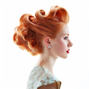 Elegant model showing creative red hair styling and makeup photo