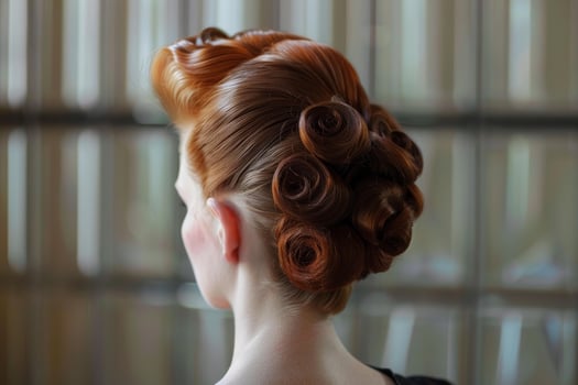 Redhead woman with elaborate pinned up hairstyle posing backstage photo