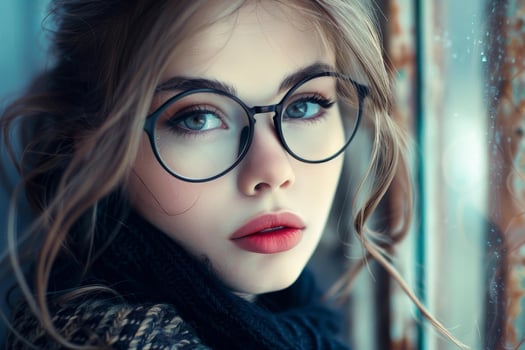 Beautiful young woman wearing stylish round glasses posing by window photo