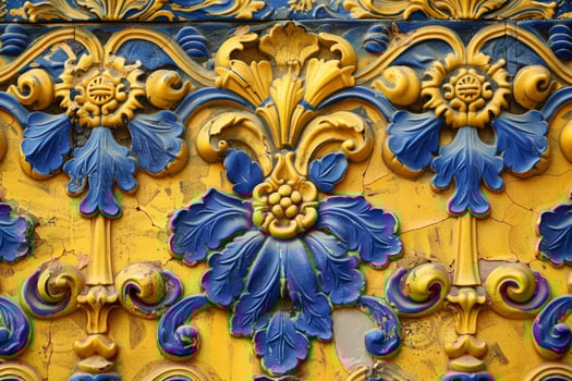 Weathered decorative ceramic tile exhibiting intricate floral patterns in blue and yellow photo