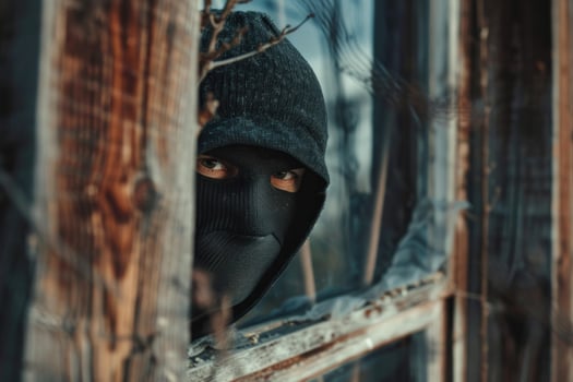 Masked criminal hiding behind wooden fence and peeking through broken window photo