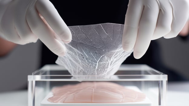 Gloved hands handling artificial skin graft for medical transplant. Innovative bioengineering, tissue regeneration, synthetic dermis, advanced healthcare technology, human skin substitute. photo