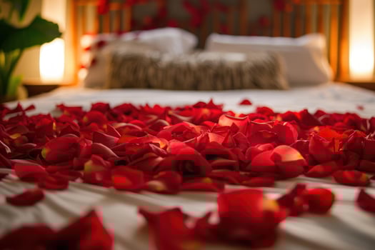 Red rose petals covering bed in romantic hotel room photo