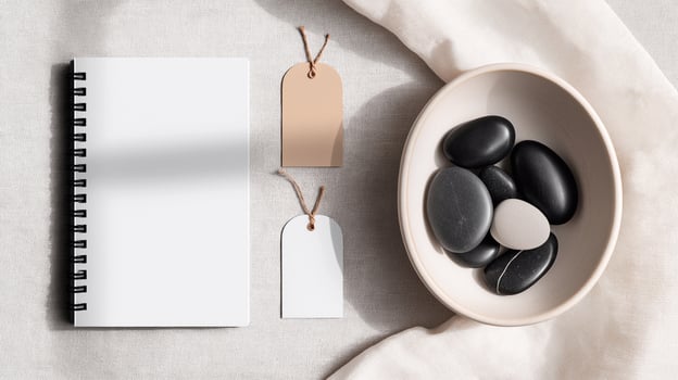 Minimal natural mockup scene with cotton fabric, blank notebook, tags, and zen stones in a bowl. Perfect for eco branding, organic design, and wellness identity presentations. photo
