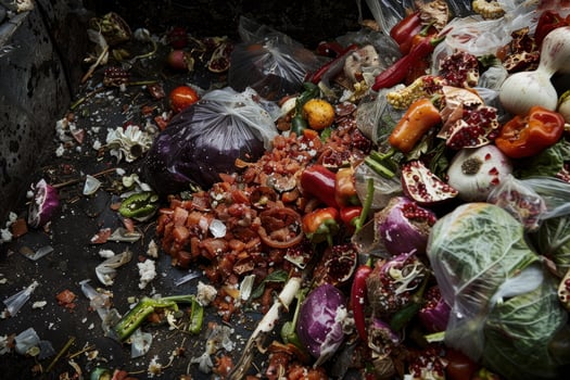 Rotten food waste in garbage container creating unpleasant smell photo
