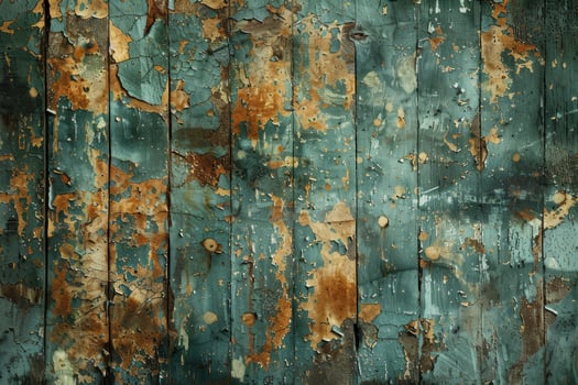 Old wooden planks showing peeling green paint and brown wood grain photo