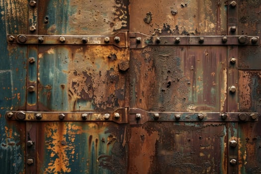 Rusty metal door with rivets and paint showing through corrosion photo