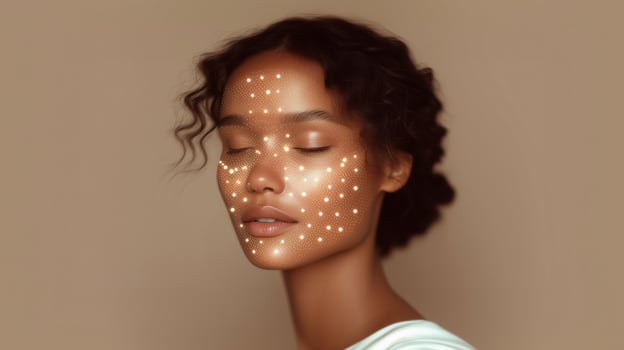 Beautiful young woman with glowing skin and AI facial mapping points. Advanced beauty technology, skincare innovation, facial recognition, smart cosmetics, digital aesthetic enhancement. photo
