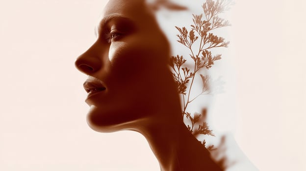Double exposure of a calm female profile with botanical elements symbolizing mental health, healing, meditation, and the emotional connection between human well-being and nature. photo
