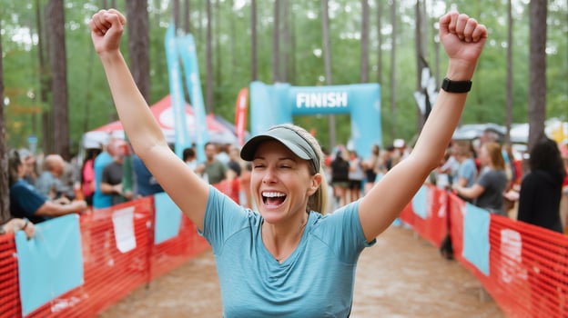 Happy athletic woman 40 celebrates victory at finish line of a trail race in a forest, arms raised in triumph, smiling with joy, symbolizing success, endurance, strength, motivation. photo