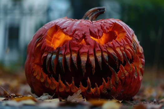 Glowing halloween pumpkin showing sharp teeth and scary face photo