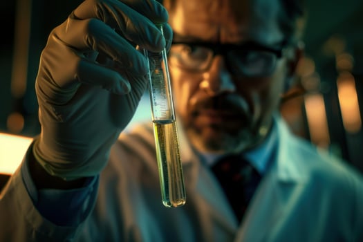 Scientist wearing gloves holding test tube examining liquid chemical solution photo