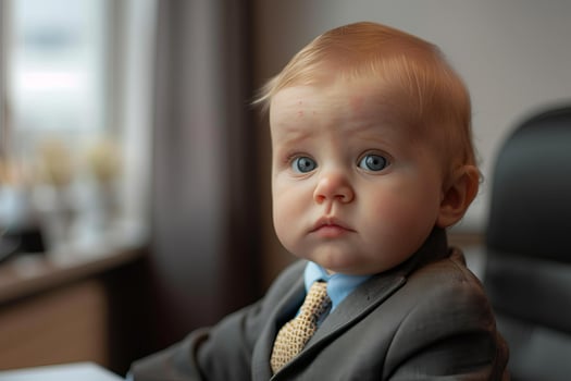 Baby boss wearing suit and tie in office setting photo