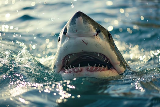 Great white shark opening its jaws while emerging from water photo