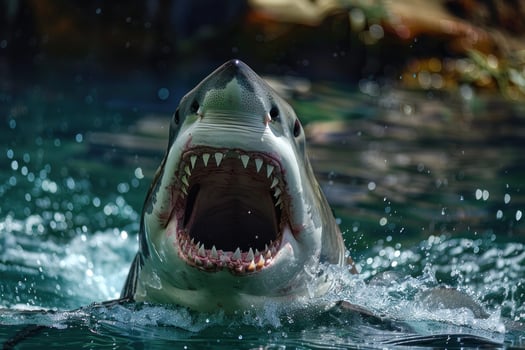 Great white shark opening jaws while emerging from water photo