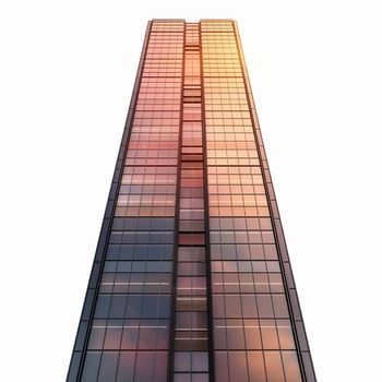 Modern skyscraper reflecting vibrant sunset colors in glass facade photo