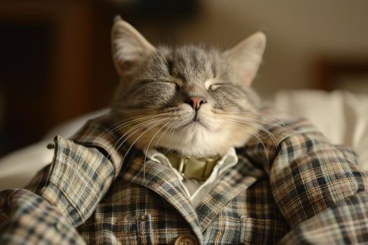 Adorable cat wearing plaid shirt and enjoying relaxing moment photo