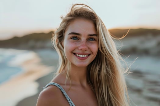 Blonde woman smiling on beach at sunset showing healthy teeth and skin photo