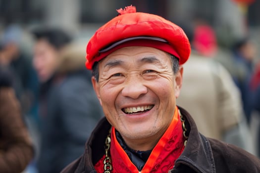 Smiling chinese man wearing traditional red hat and gold chain photo