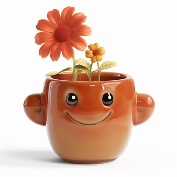 Smiling flower pot holding orange and yellow flowers photo
