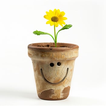 Yellow daisy growing in a smiling terracotta pot on white background photo