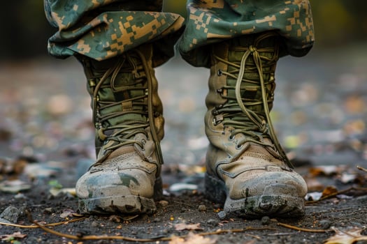 Military boots standing firm on rocky ground photo