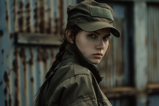 Young female soldier wearing uniform and cap standing near damaged building photo