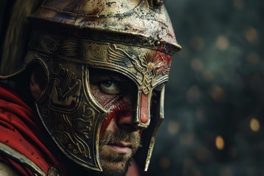 Roman soldier wearing helmet with red markings posing in battlefield photo