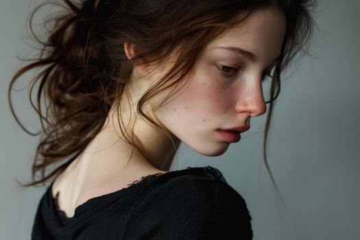 Young woman with freckles looking down, showing contemplative expression photo