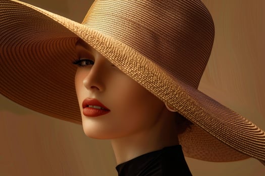 Fashion model wearing wide brimmed straw hat and red lipstick photo