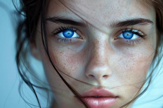 Young woman with freckles showing intense blue eyes photo