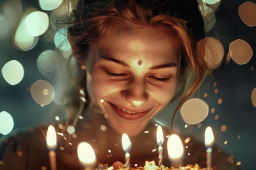 Young woman making a wish on birthday cake with candles and sparkles photo