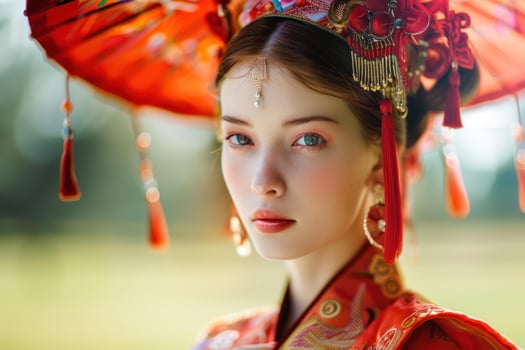 Caucasian model posing in traditional chinese clothing with red umbrella photo