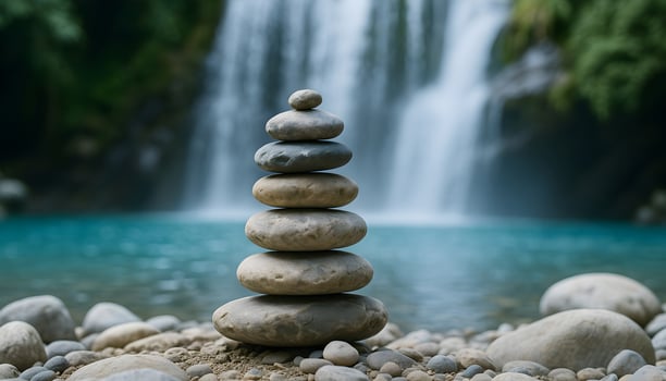 Stacked zen stones in front of tropical waterfall and turquoise water for peace meditation and nature balance photo