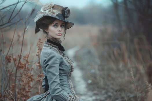 Elegant woman wearing retro dress and hat posing in a misty forest photo