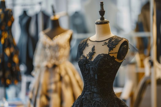 Elegant black lace dress displayed on mannequin in fashion atelier photo