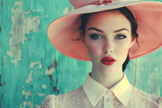 Fashion model posing with wide brimmed hat and red lipstick photo