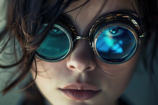 Cyberpunk woman wearing steampunk goggles with blue lenses photo