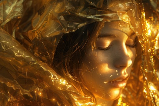 Golden girl with closed eyes posing under golden fabric photo