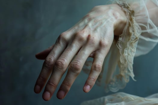 Woman showing her hand with prominent veins and wrinkles, revealing signs of aging photo