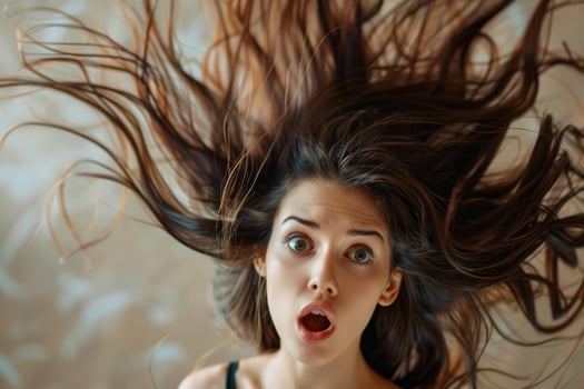 Portrait of surprised young woman lying down with long hair spread out photo